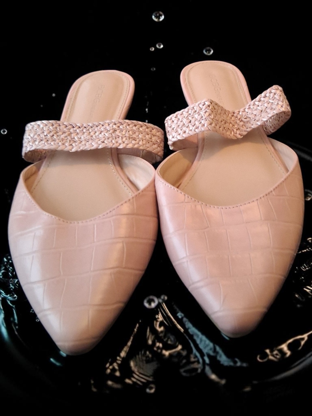 BCBGeneration Emma Pointy Toe Mules in pink croc-embossed faux leather strap 8